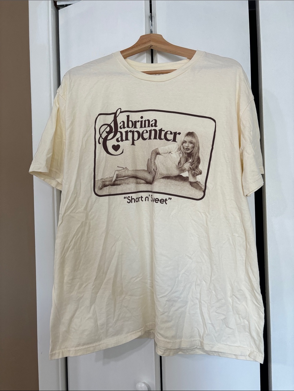 Sabrina Carpenter Graphic Tee - Cream with Brown Print short n sweet